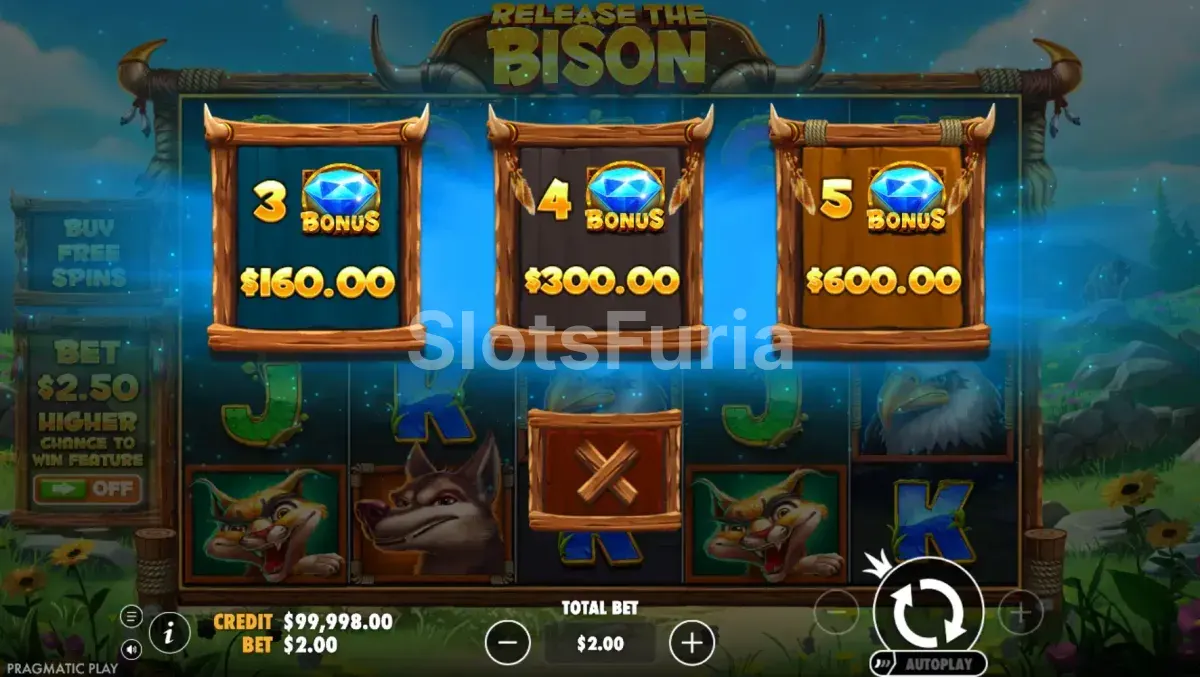 Menú de compra de bonus de Release the Bison con sus tres opciones