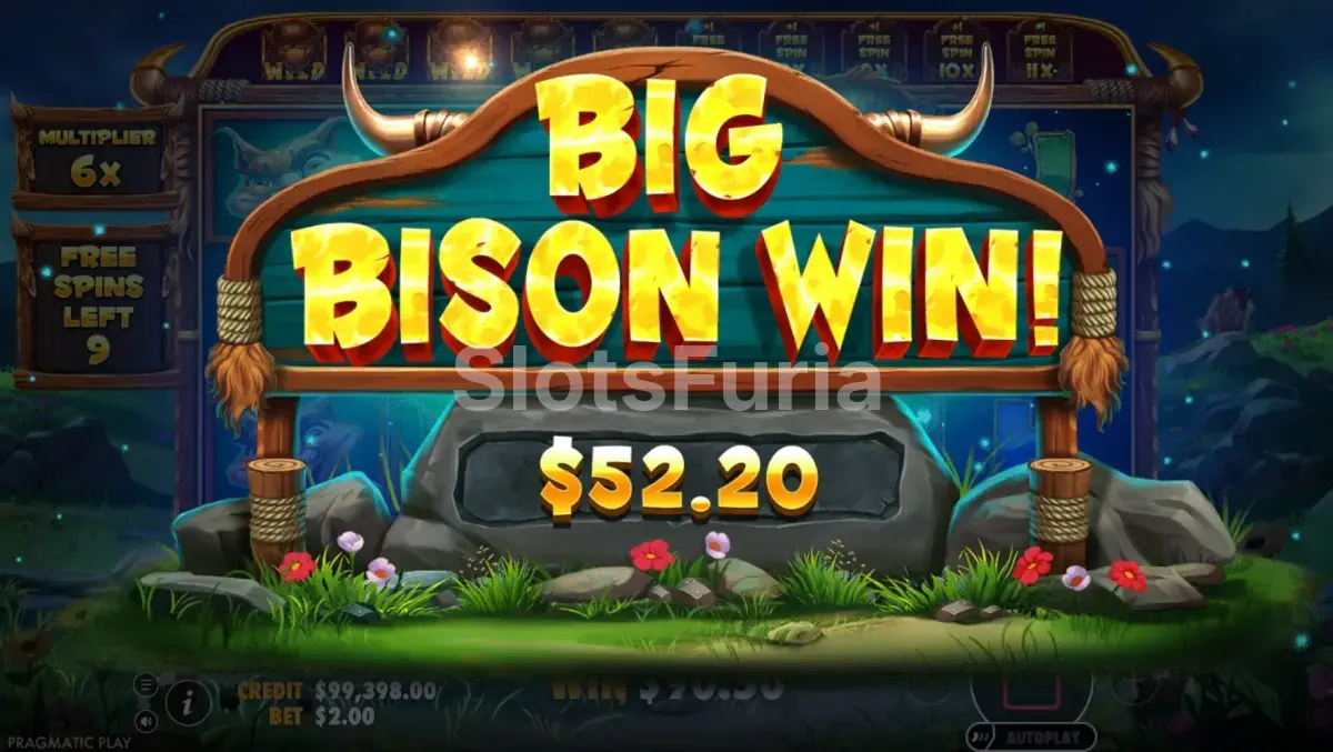 Gran victoria en Release the Bison con multiplicador activo durante giros gratis