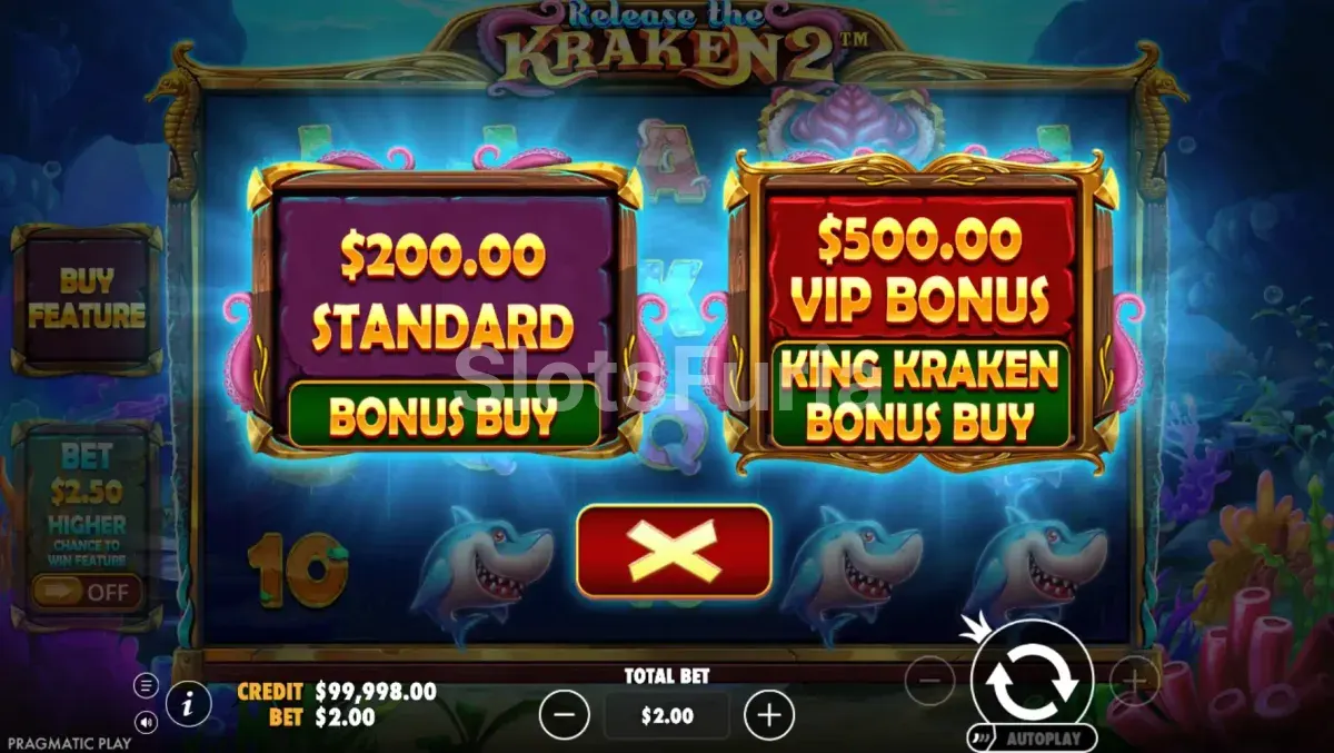Pantalla de compra de bonus en Release the Kraken 2