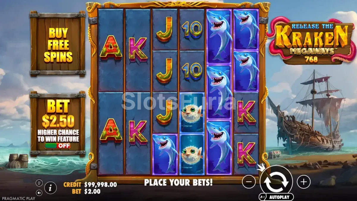 Pantalla principal de Release the Kraken Megaways con el tablero de juego completo