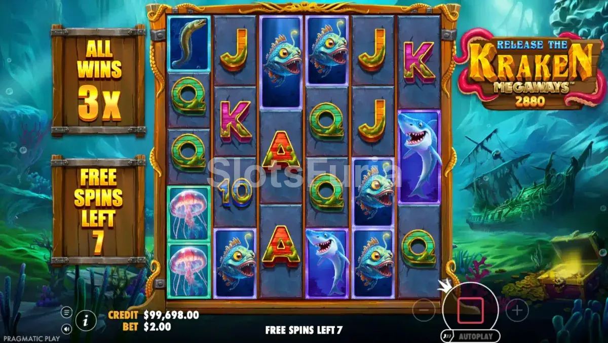 Pantalla de giros gratuitos activos en Release the Kraken Megaways