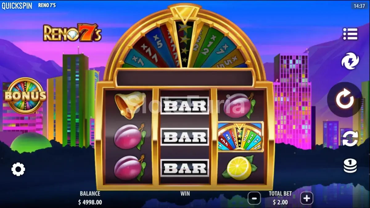 Juego base de Reno 7's con sus tres carretes y cinco líneas de pago