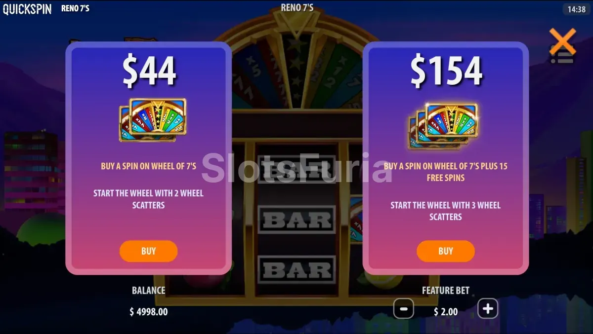 Pantalla de compra de bonos de Reno 7's con las dos opciones disponibles
