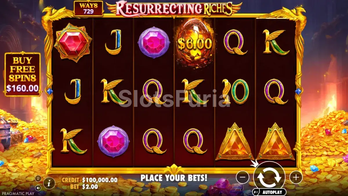 Pantalla principal del juego Resurrecting Riches con cuadrícula de 6x3