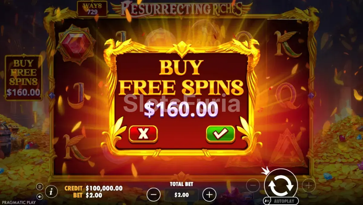 Pantalla de compra de bonus en Resurrecting Riches de Pragmatic Play