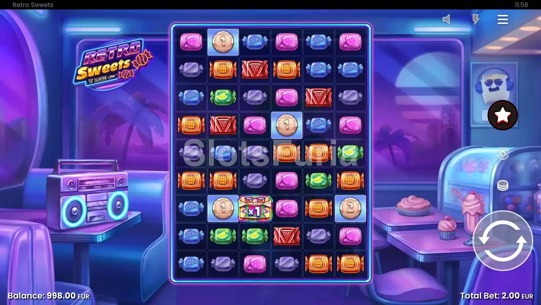 Juego base de Retro Sweets con la grilla de 9 rodillos