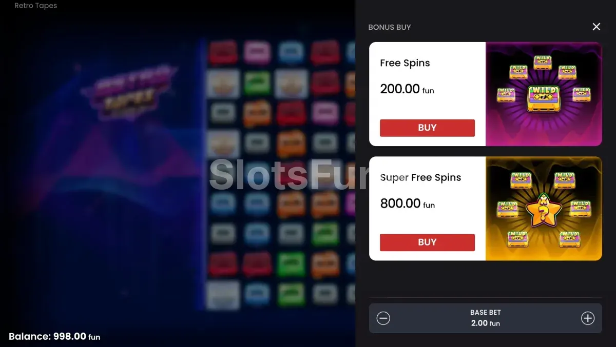 Pantalla de compra de bonus en Retro Tapes de Push Gaming
