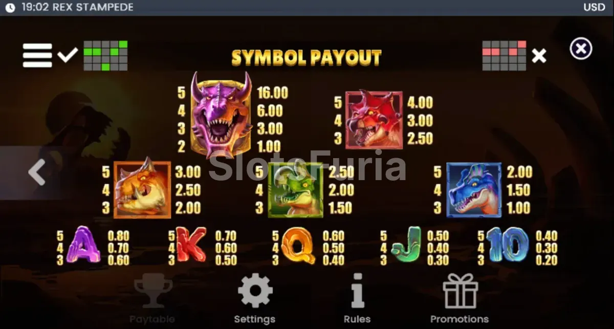 Tabla de pagos de Rex Stampede con todos los símbolos dinosaurios