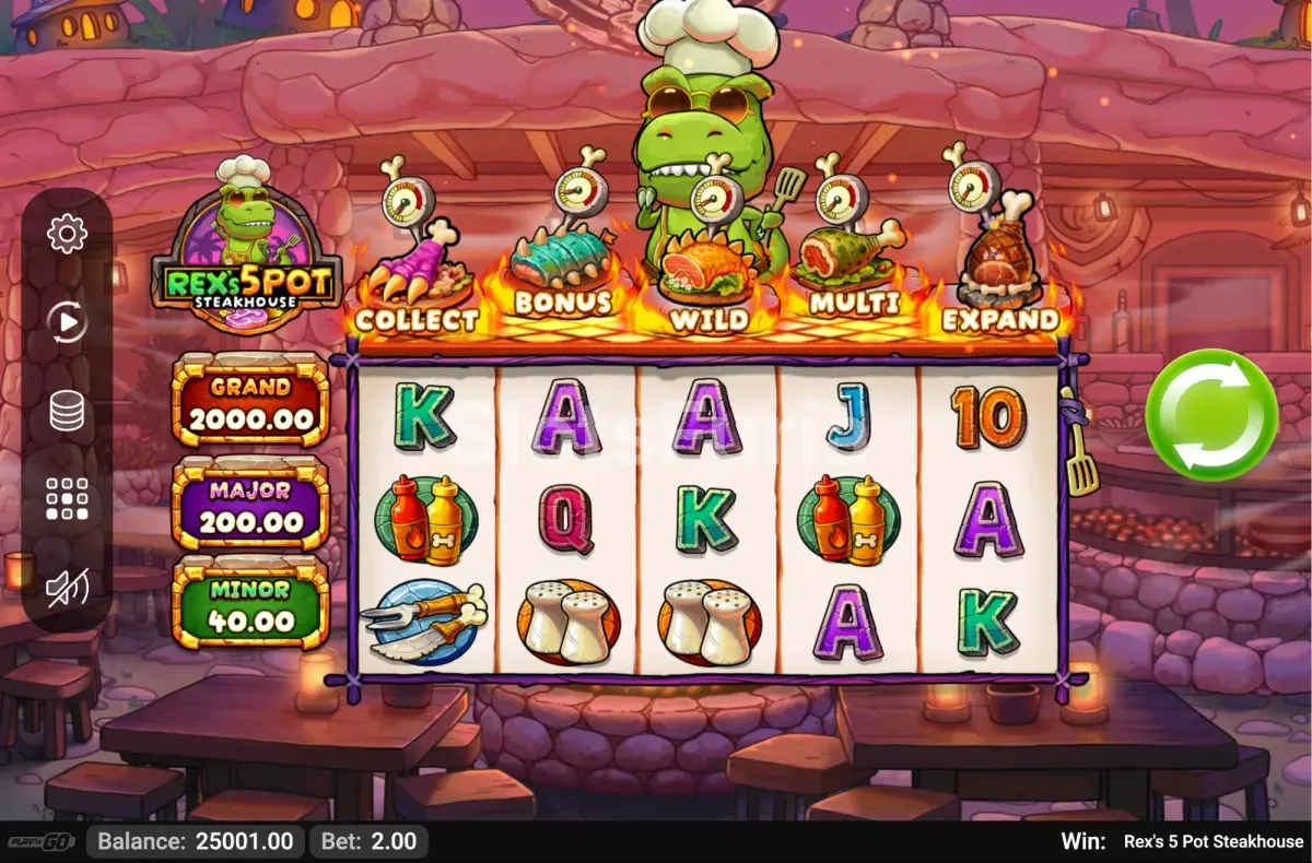 Juego base de Rexs 5 Pot Steakhouse con la grilla de 5x3