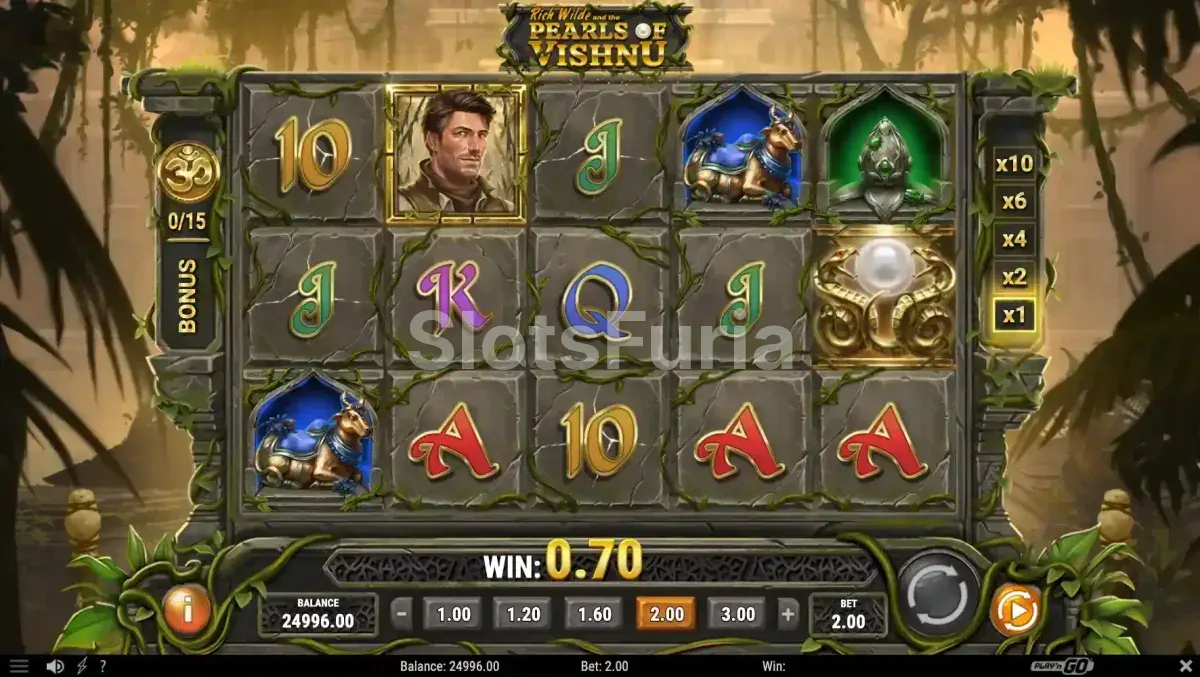 Segunda vista del juego base de Rich Wilde and the Pearls of Vishnu mostrando los bonus activos