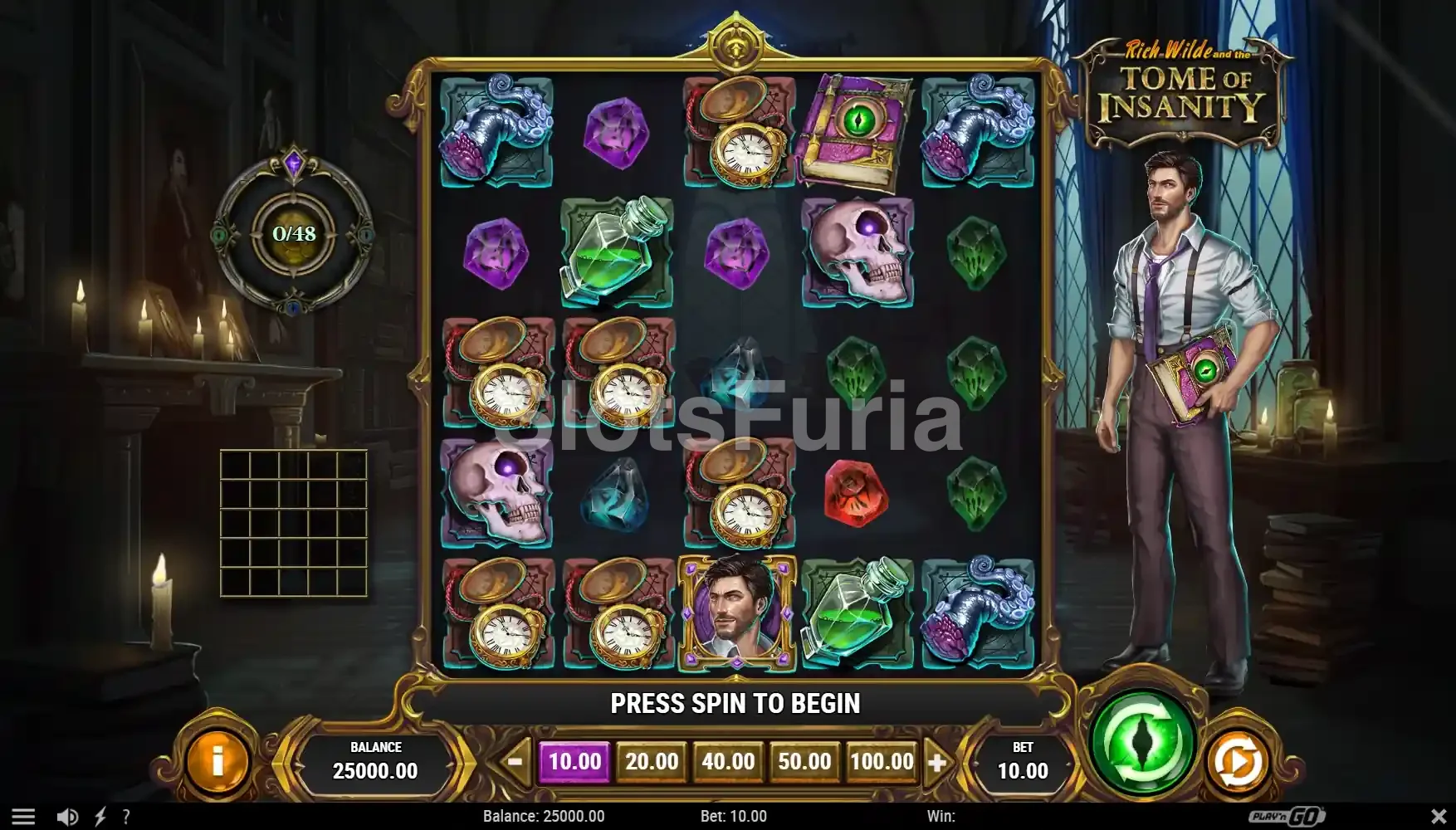 Pantalla principal del juego Rich Wilde and the Tome of Insanity con ambientación lovecraftiana