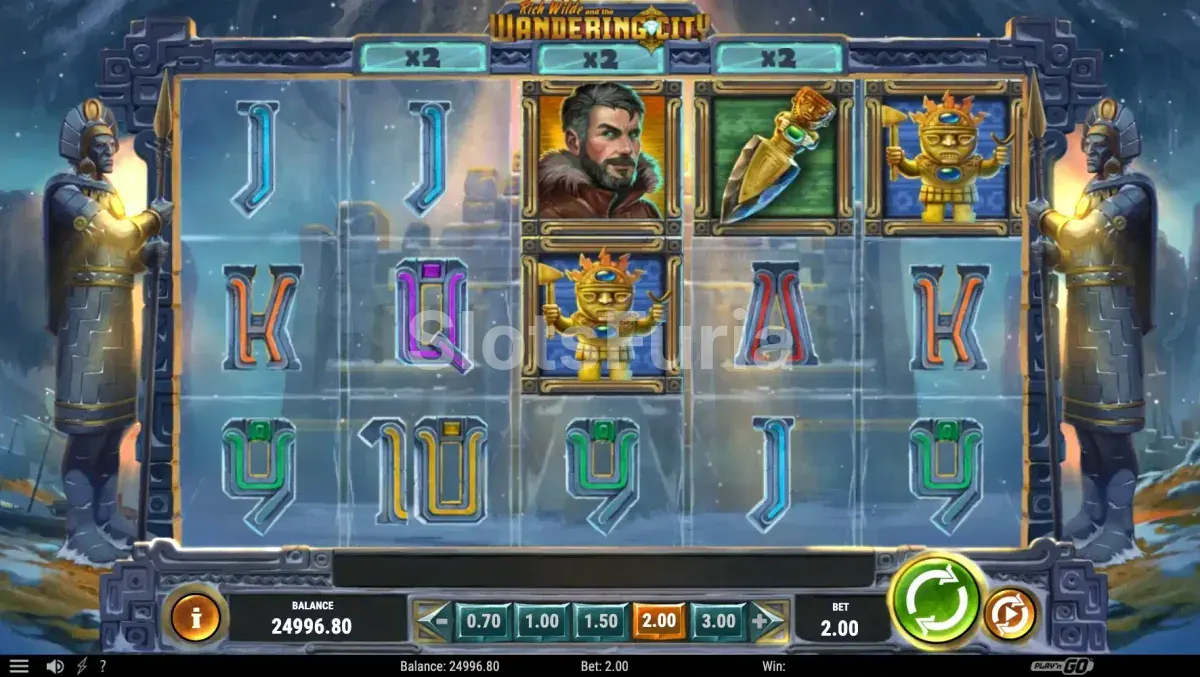 Pantalla principal de Rich Wilde and the Wandering City con los 5 carretes activos