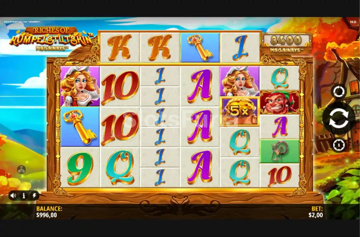 Segunda vista del juego base con combinaciones activas en Riches of Rumpelstiltskin Megaways