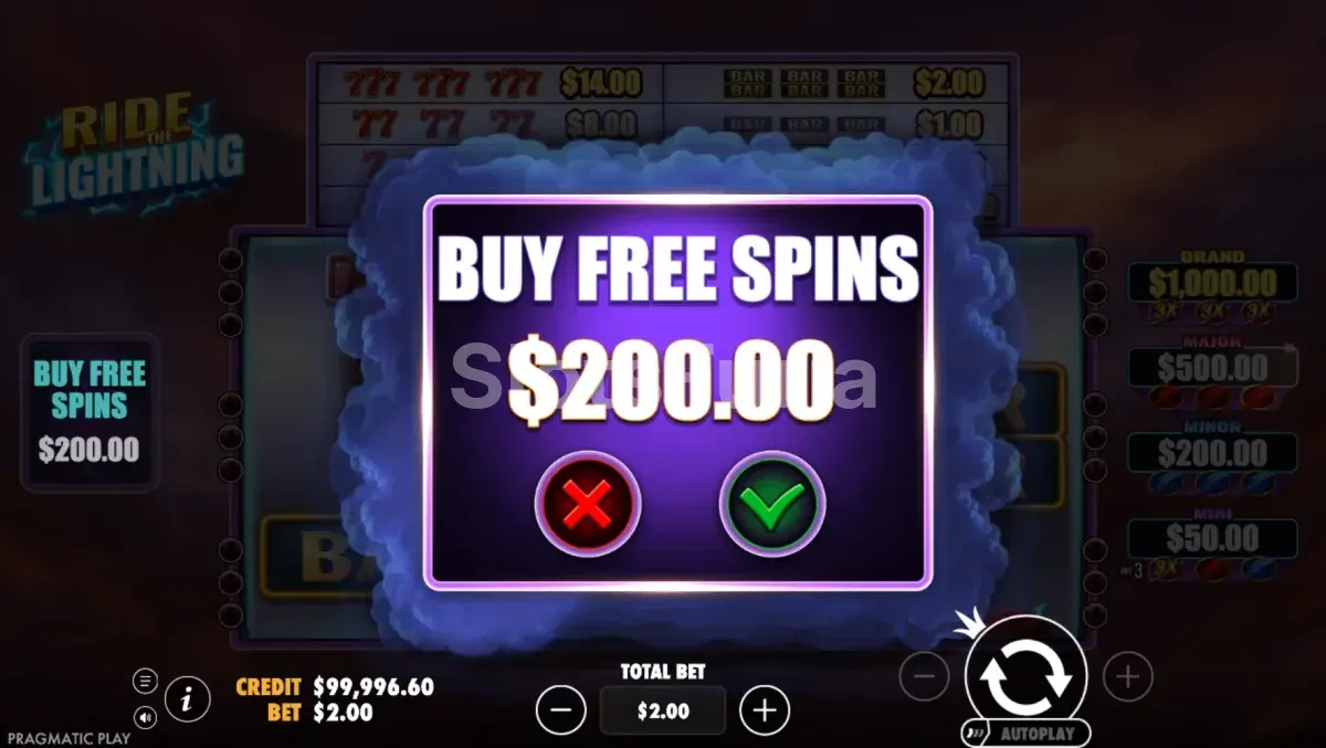 Pantalla de compra de bonus en Ride the Lightning con las opciones disponibles