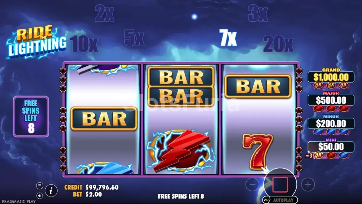 Ronda de giros gratis de Ride the Lightning con multiplicadores activos en pantalla