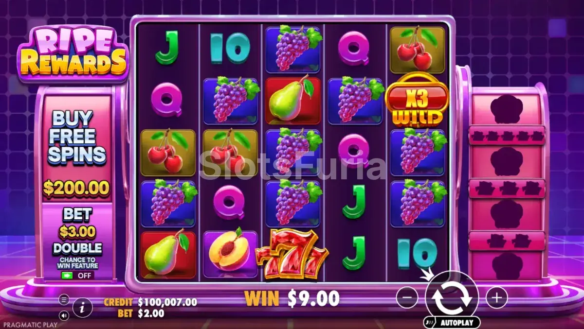 Pantalla principal del juego Ripe Rewards con frutas en los rodillos