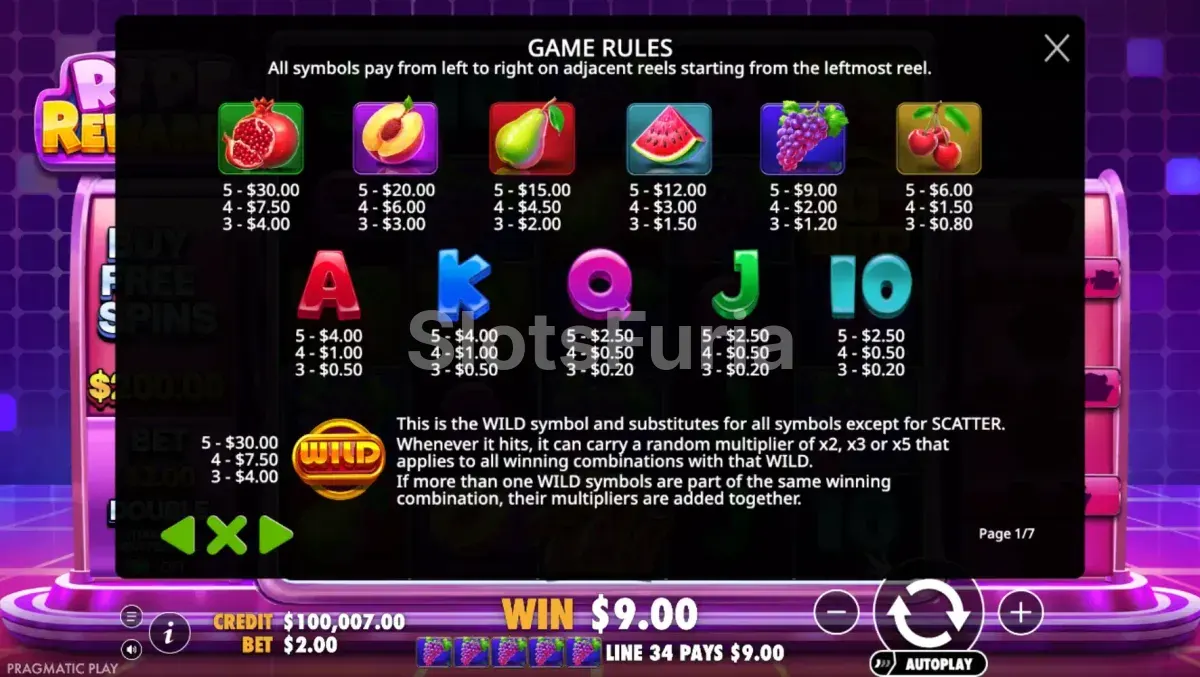 Tabla de pagos de la tragamonedas Ripe Rewards con símbolos de frutas
