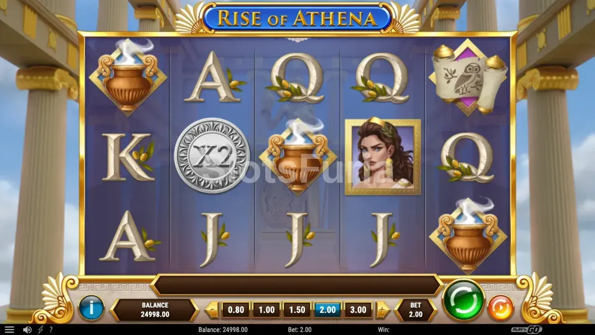 Pantalla principal de Rise of Athena con los cinco rodillos activos
