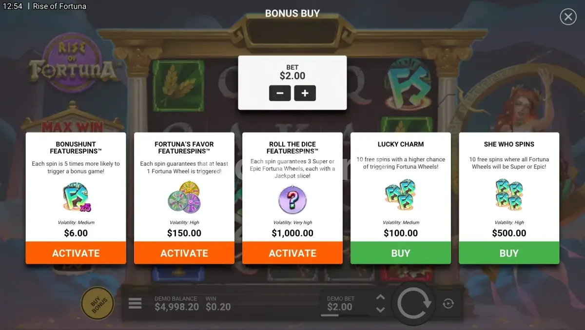 Opciones de compra de bonus en Rise of Fortuna de Hacksaw Gaming
