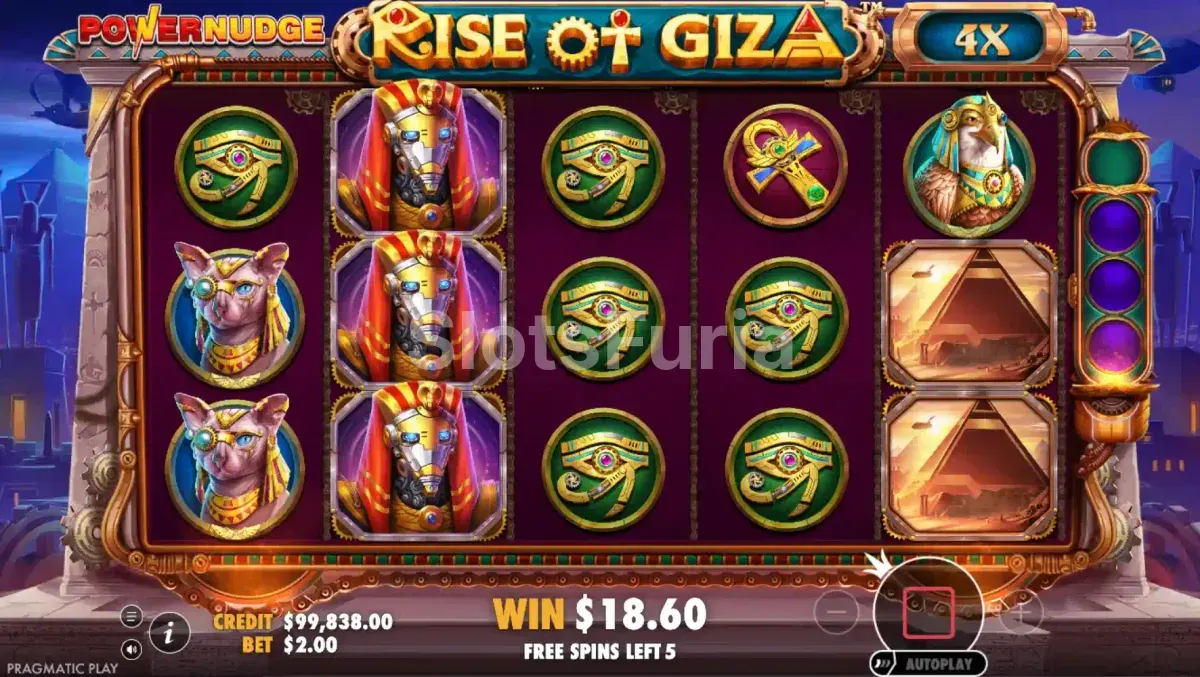 Función de giros gratis activada en Rise of Giza Powernudge