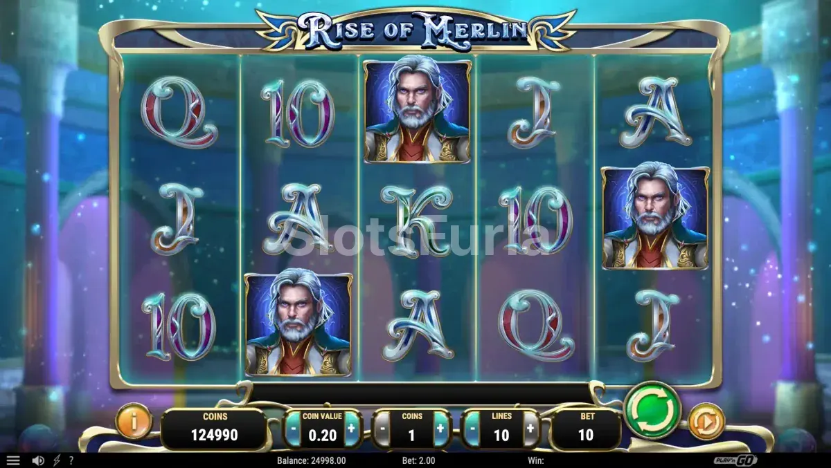 Pantalla principal del juego base de Rise of Merlin con los rodillos activos
