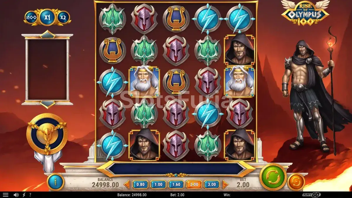 Pantalla principal de Rise of Olympus 100 con los tres dioses activos