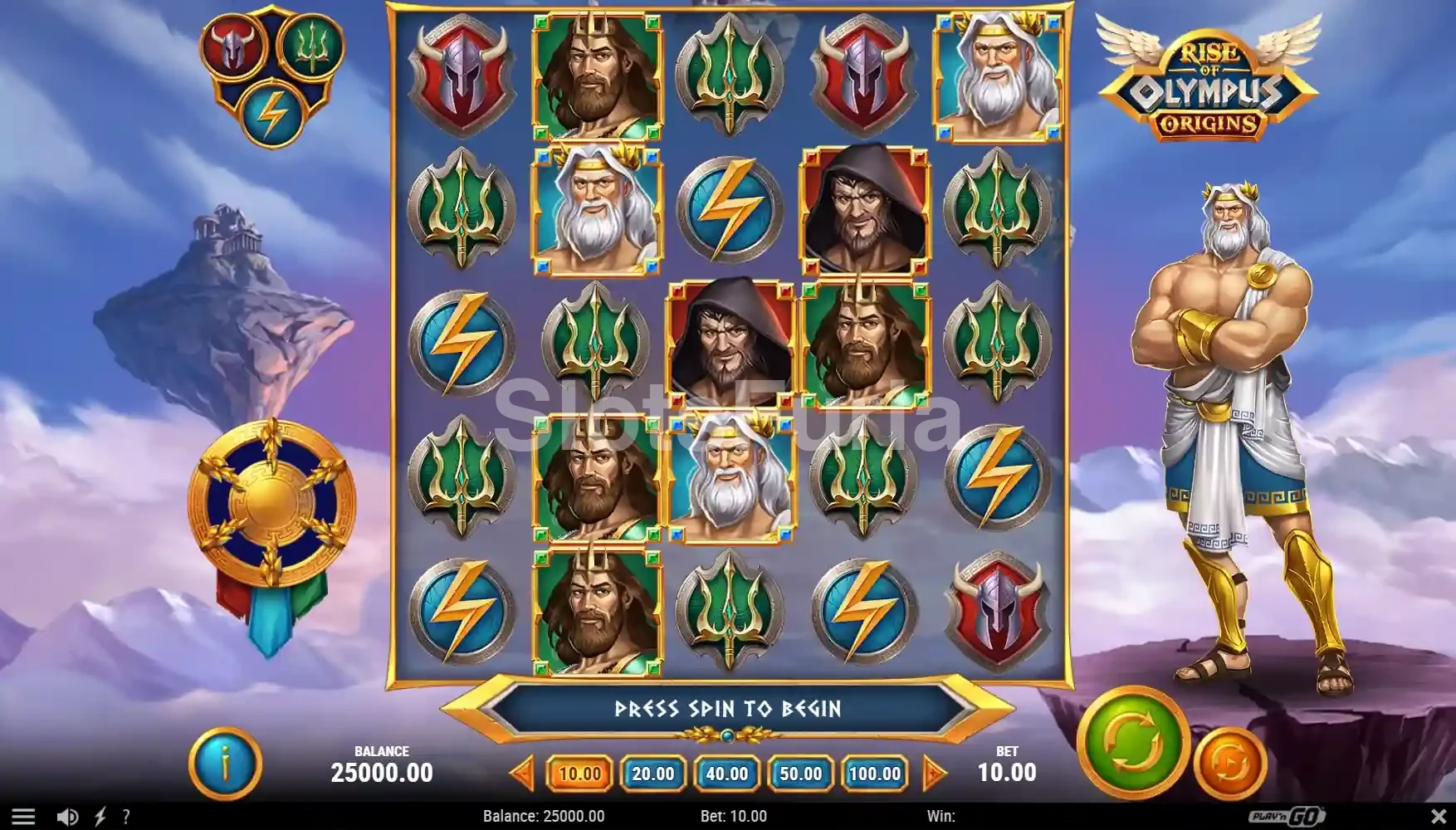Vista del juego base de Rise of Olympus Origins con la cuadrícula dorada y los tres dioses