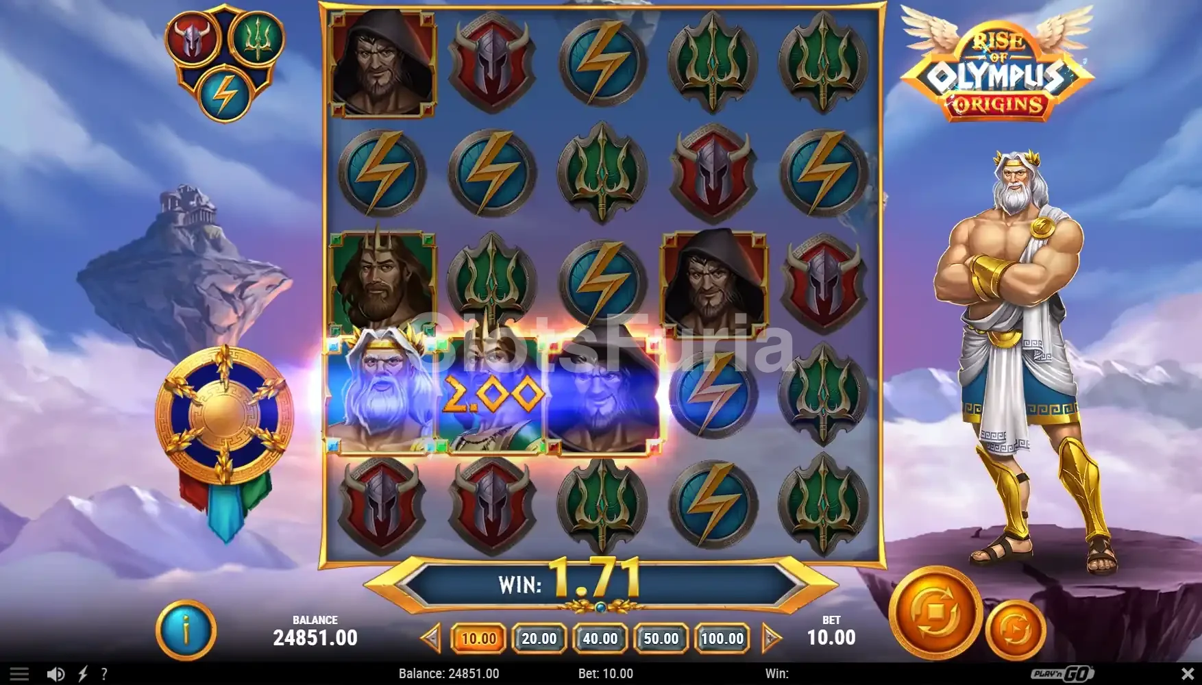 Resultado de un giro en Rise of Olympus Origins con cascadas y activación de bonus