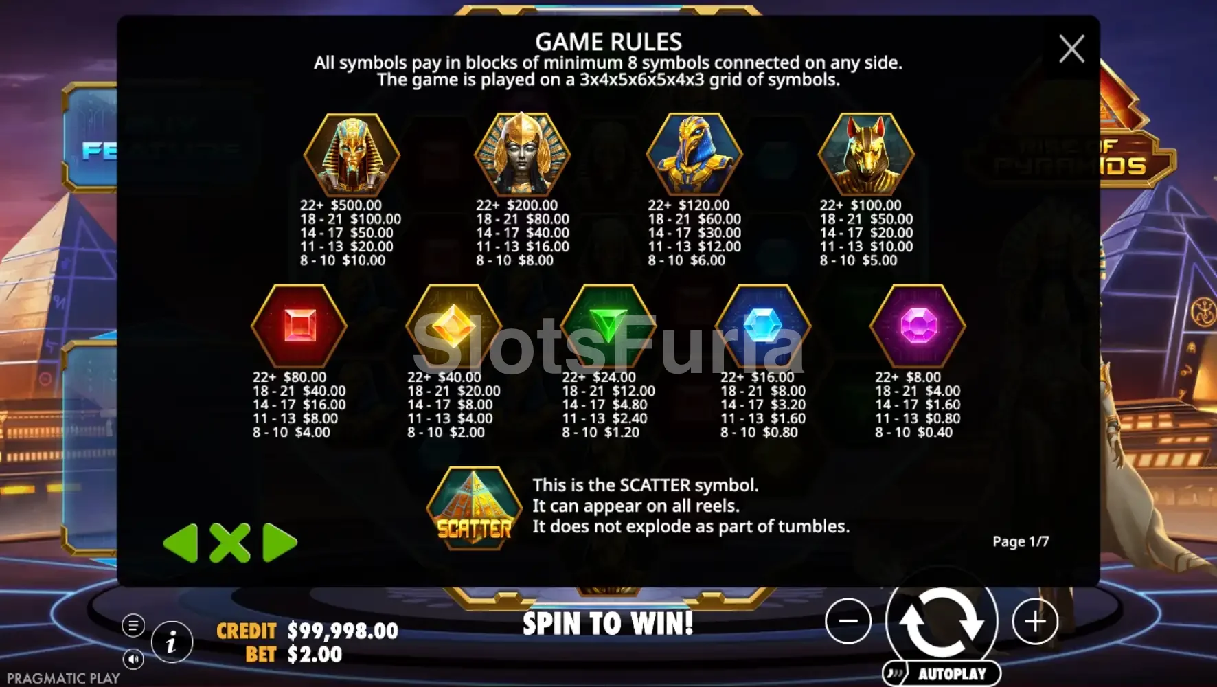 Tabla de pagos y símbolos de Rise of Pyramids