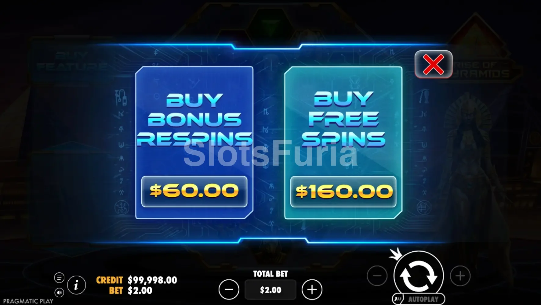 Menú de compra de bonos en Rise of Pyramids