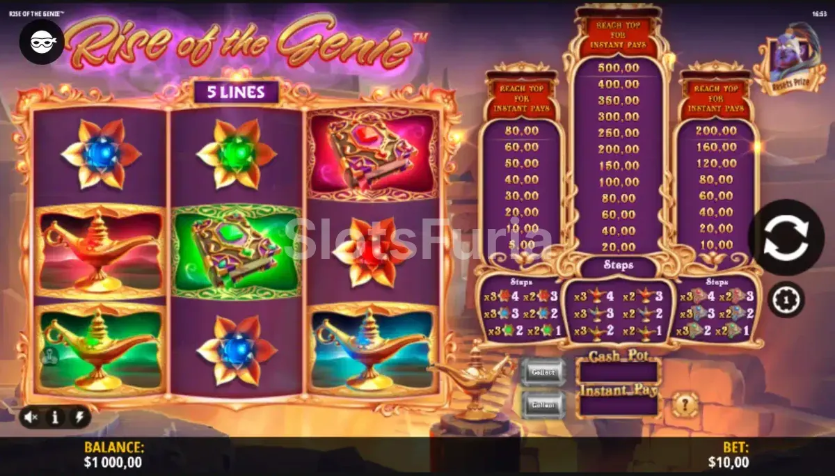 Pantalla principal del juego Rise of the Genie con los tres carretes activos