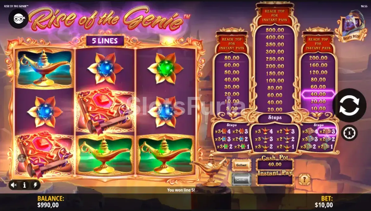 Resultado de giro ganador en Rise of the Genie con combinación activa