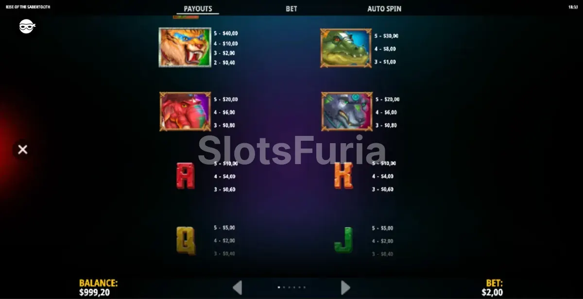 Tabla de pagos y símbolos de Rise of the Sabertooth