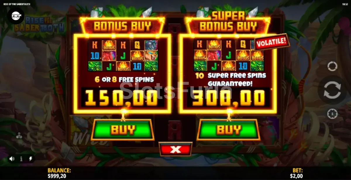 Pantalla de compra de bonus en Rise of the Sabertooth