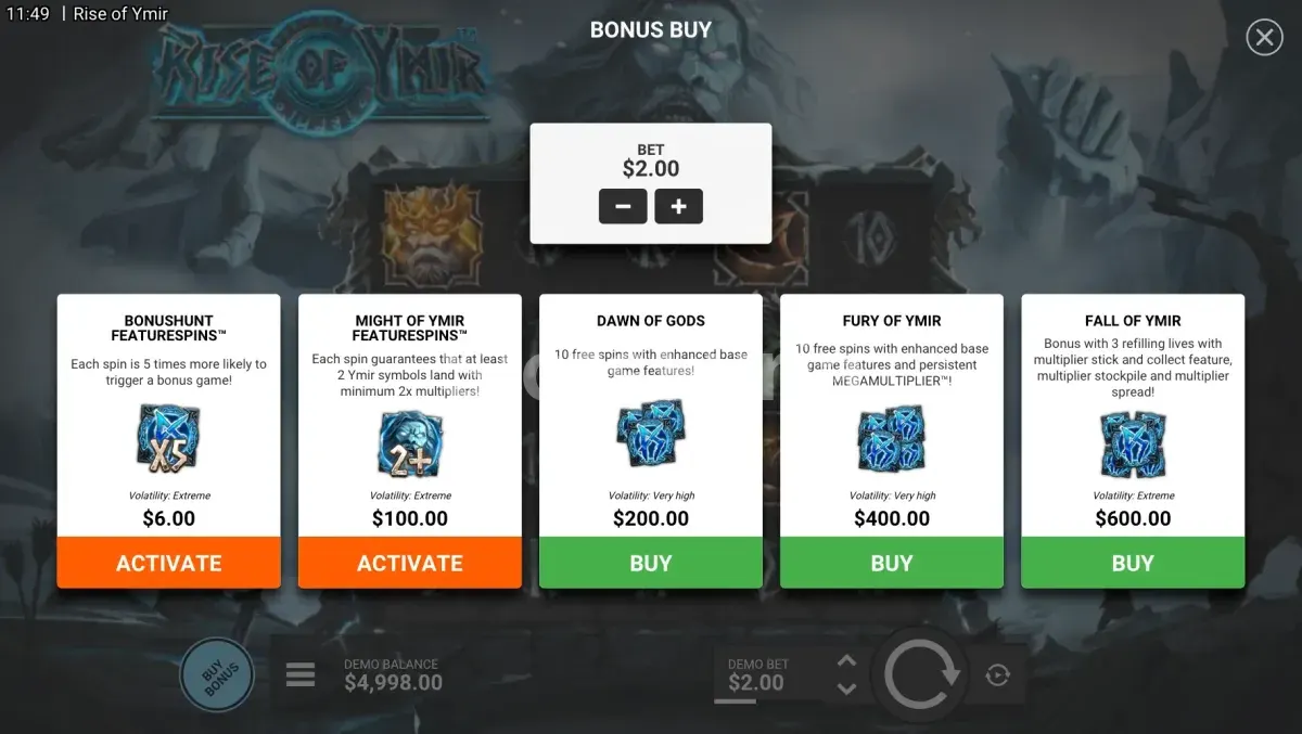 Menú de compra de bonus en Rise of Ymir con cinco opciones disponibles