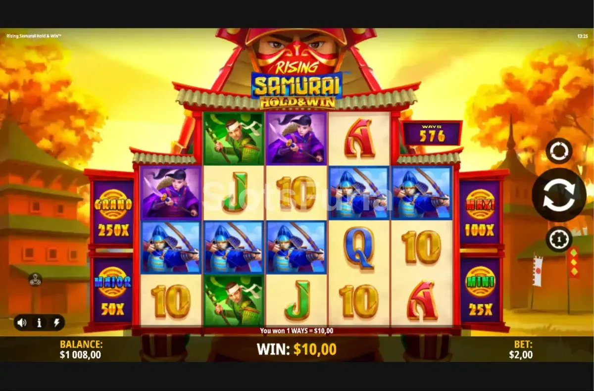 Pantalla principal de Rising Samurai Hold & Win con los 5 rouleaux en acción