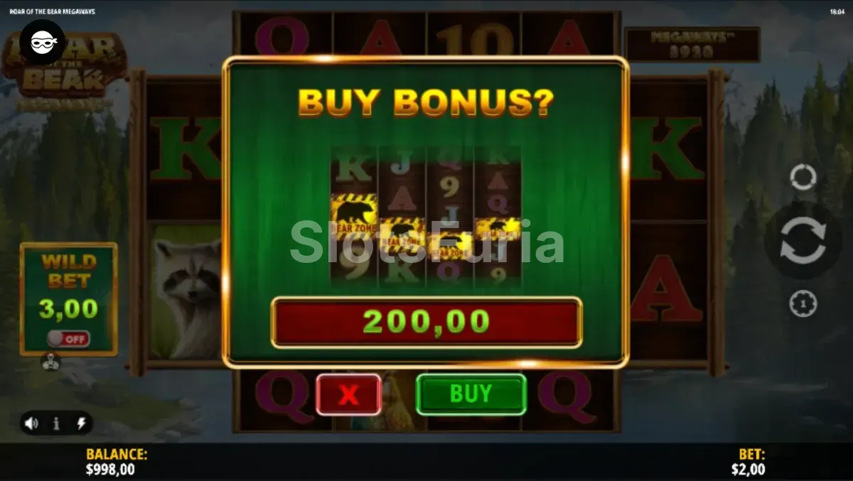 Pantalla de compra de bonus en Roar of the Bear Megaways