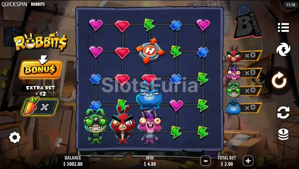 Pantalla principal de Robbits con los conejos sobre la cuadrícula