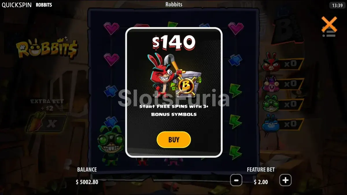 Pantalla de compra de bonus en Robbits de Quickspin