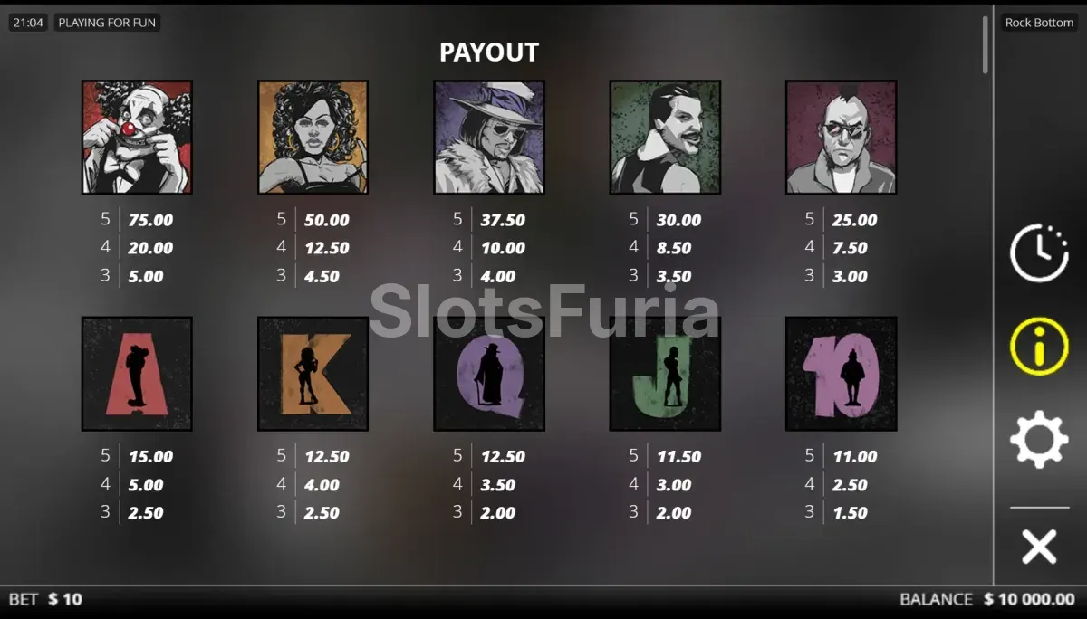 Tabla de pagos de Rock Bottom con todos sus símbolos