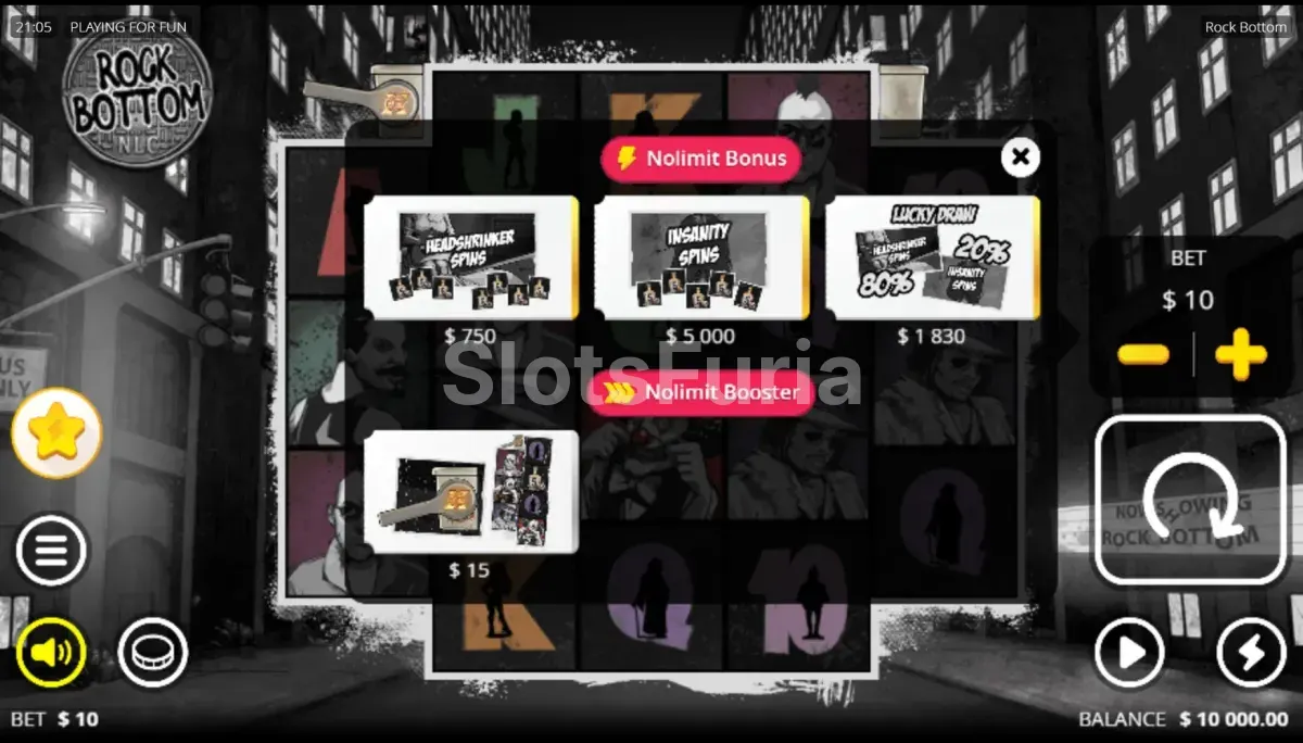 Pantalla de compra de bonus de Rock Bottom con sus opciones