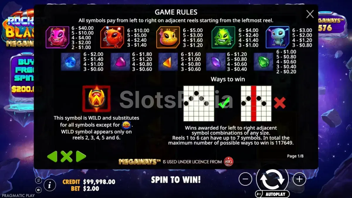 Tabla de pagos de Rocket Blast Megaways con símbolos alienígenas y gemas