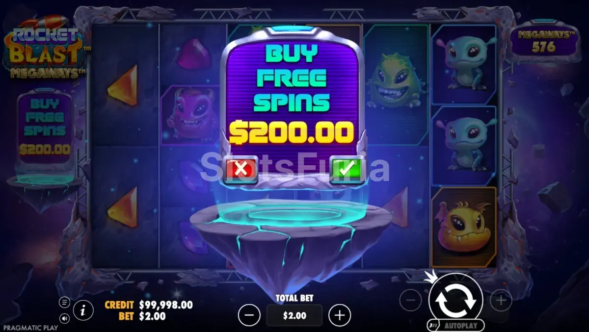 Función de compra de bono en Rocket Blast Megaways de Pragmatic Play