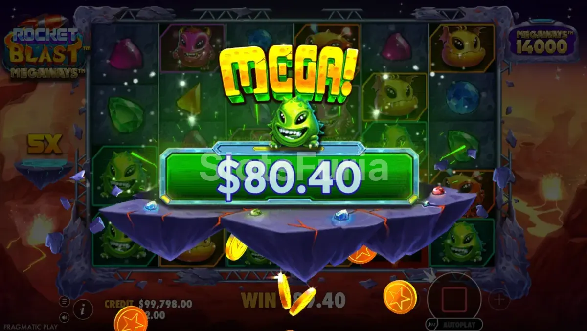 Gran ganancia en Rocket Blast Megaways mostrando el potencial máximo de la slot
