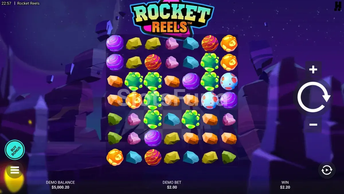 Juego base de Rocket Reels con la cuadrícula 7x7 en acción