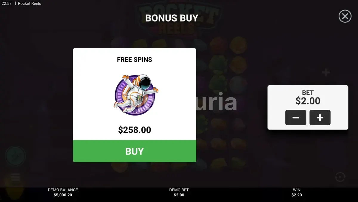 Pantalla de compra de bonus en Rocket Reels con las diferentes opciones disponibles
