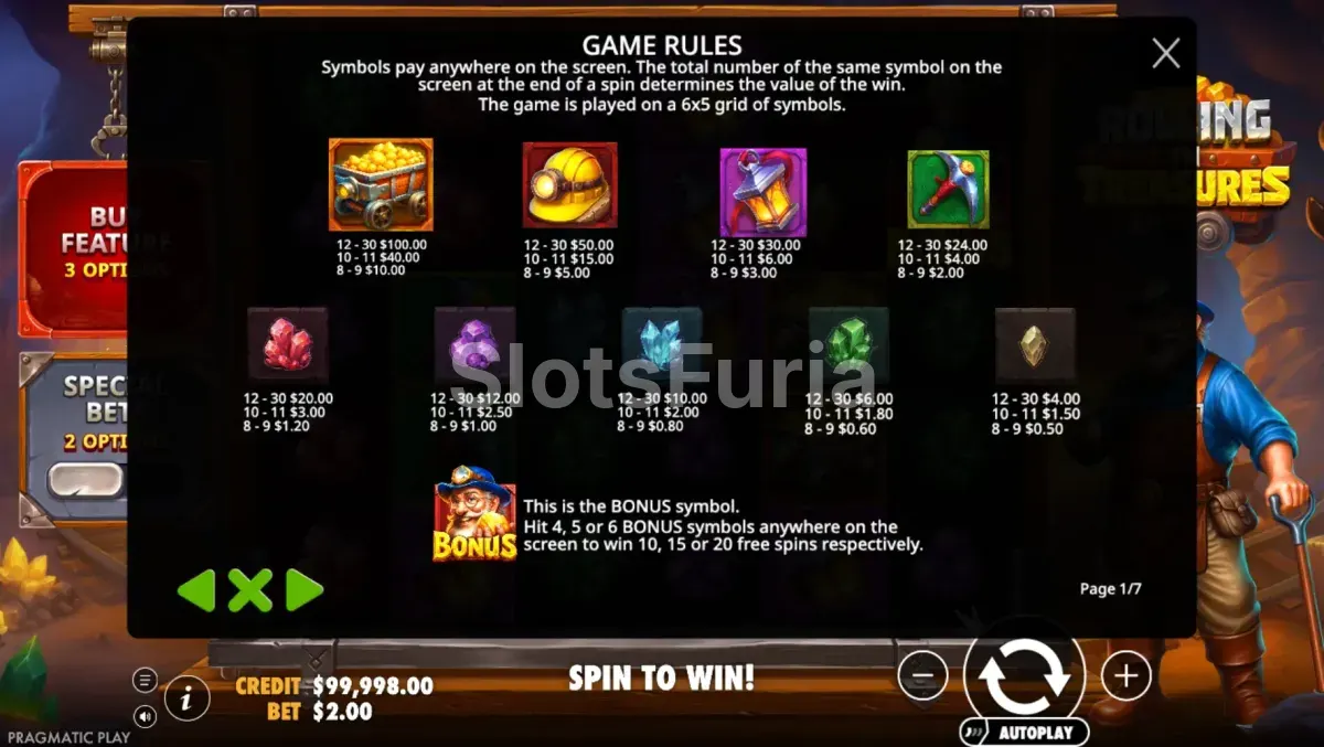 Tabla de pagos de Rolling in Treasures con gemas y símbolos mineros