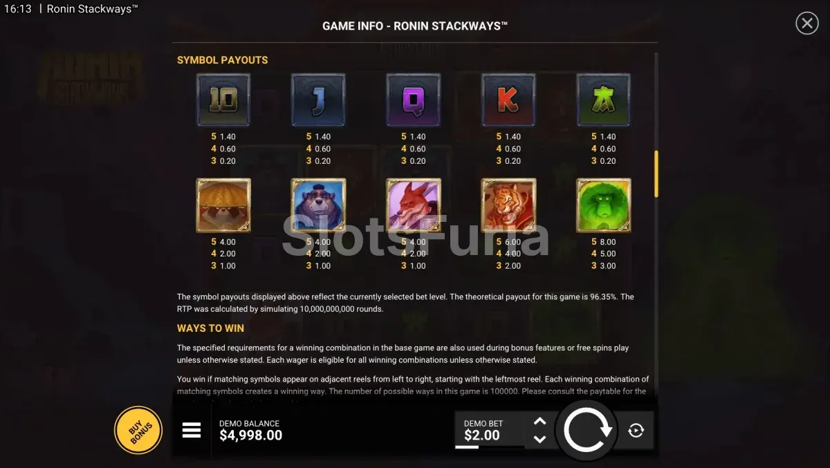 Tabla de pagos de Ronin StackWays con símbolos premium
