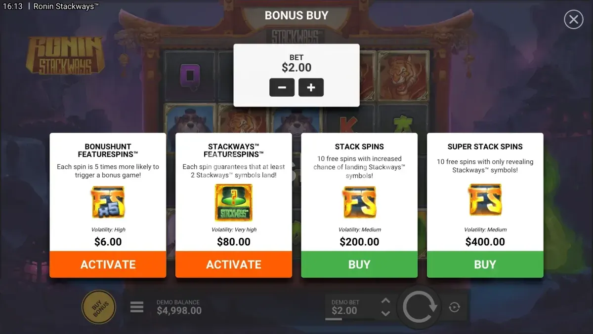 Menú de compra de bonus de Ronin StackWays con opciones disponibles