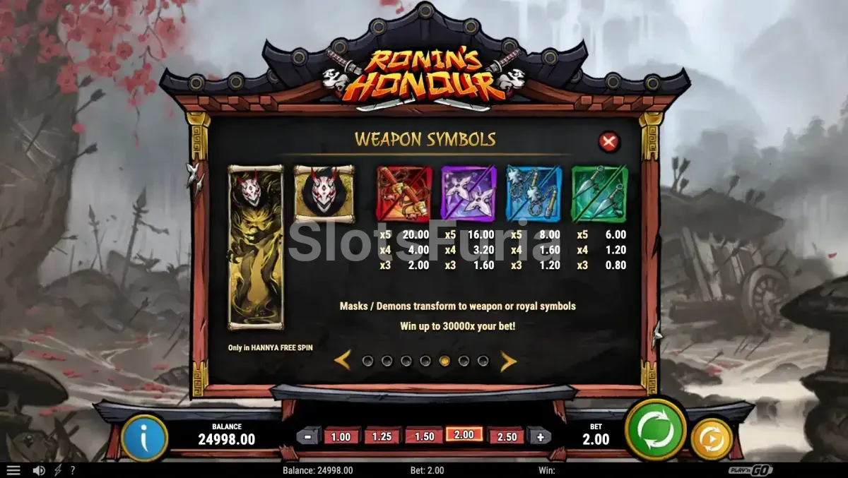 Tabla de pagos de Ronin's Honour con símbolos de armas y cartas